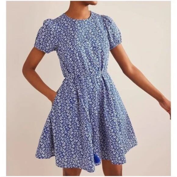 BODEN Full Skirted Mini Dress Blue Abstract Foliage Sz 6 Petite {Z53} - Picture 1 of 5